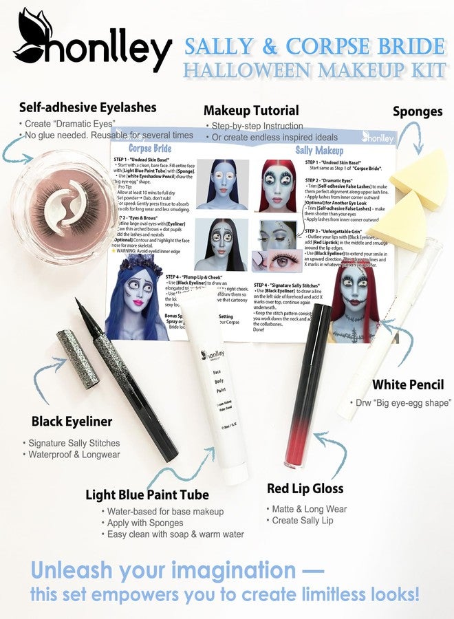 Honlley Halloween Sally & Corpse Bride Makeup Kit Costume Women - Light Blue Water-Based Face Paint Washable, Red Lip Stick, Black Eyeliner, False Lashes,White Eyeshadow | Cosplay Party SFX Makeup Set - Image 2